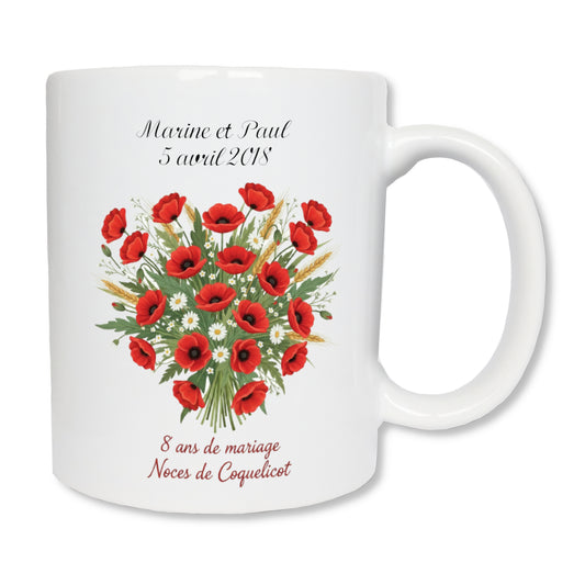 Mug personnalisé 8 ans de mariage noces de coquelicot avec prénoms - cadeau couple
