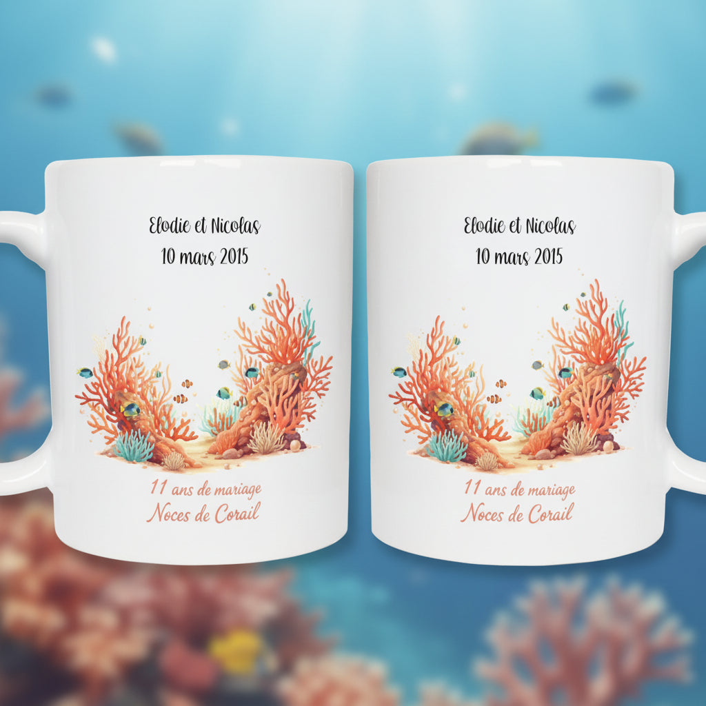 Mug noces de corail personnalisé - idée cadeau anniversaire 11 ans mariage amoureux

