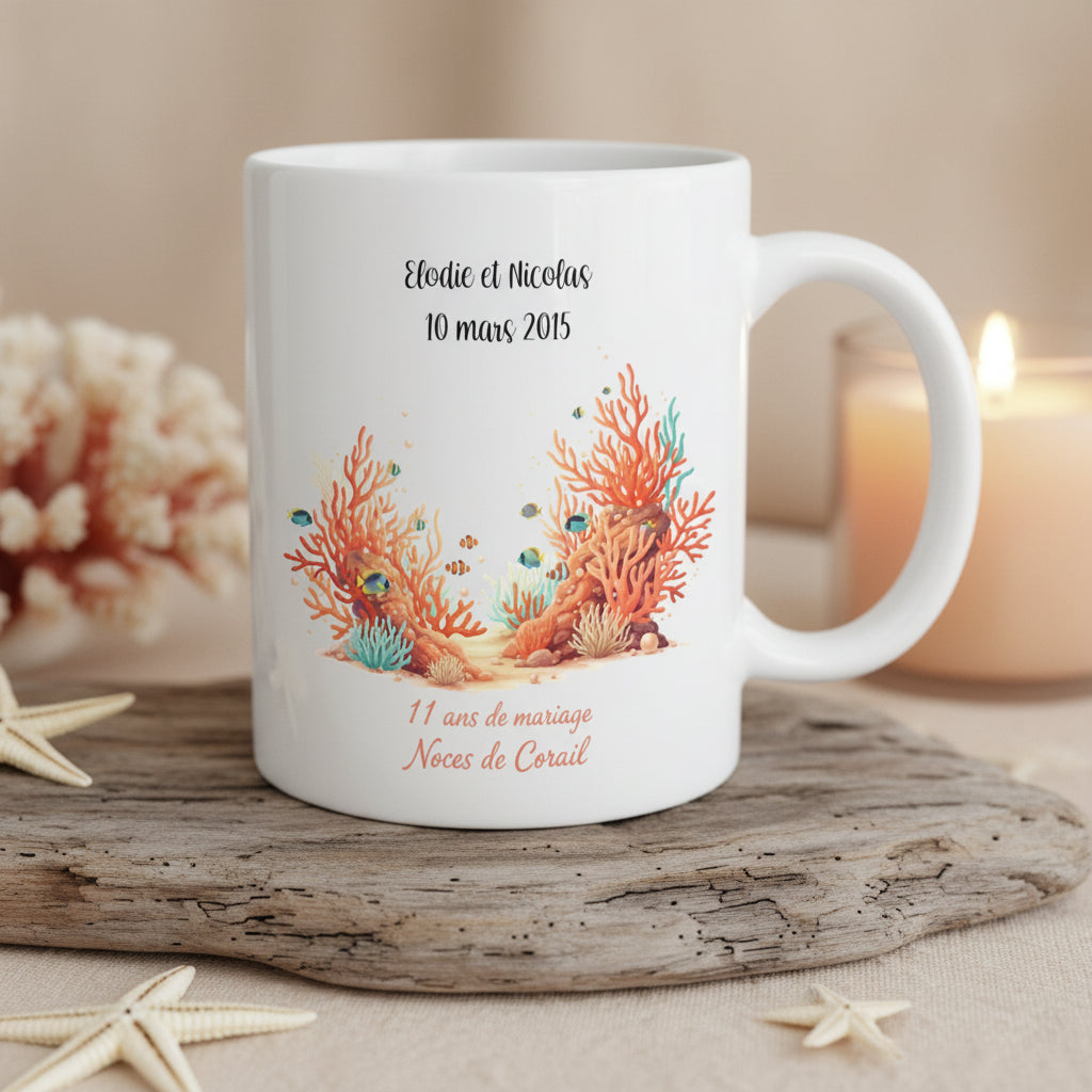 Tasse noces de corail personnalisé - idée cadeau anniversaire 11 ans mariage

