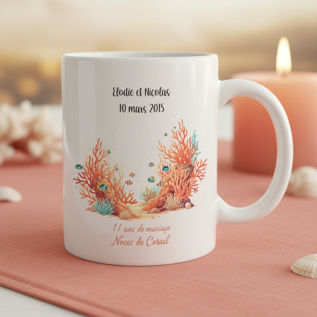 Mug noces de corail personnalisé mise en situation - cadeau 11 ans mariage

