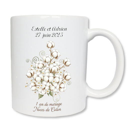 Mug personnalisé noces de coton 1 an de mariage - cadeau anniversaire couple
