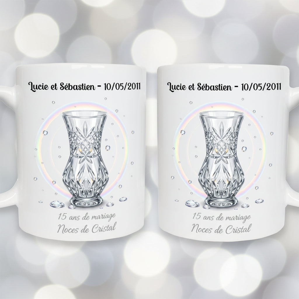 Mug noces de cristal personnalisé - idée cadeau anniversaire 15 ans mariage

