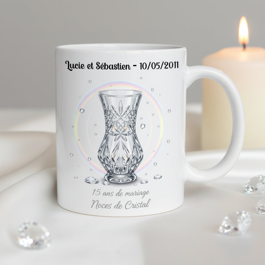 Tasse noces de cristal personnalisé - idée cadeau anniversaire 15 ans mariage

