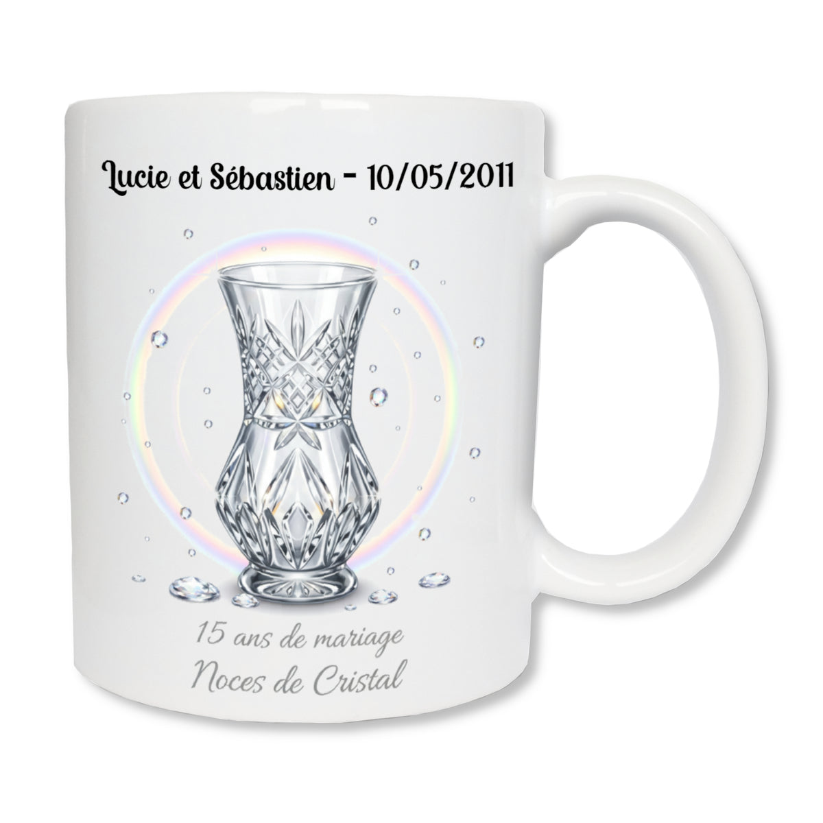 Mug personnalisé 15 ans de mariage noces de cristal avec prénoms et date - cadeau couple
