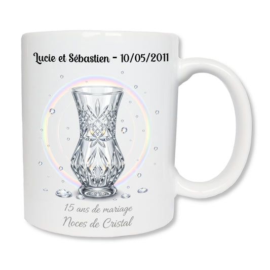 Mug personnalisé 15 ans de mariage noces de cristal avec prénoms et date - cadeau couple
