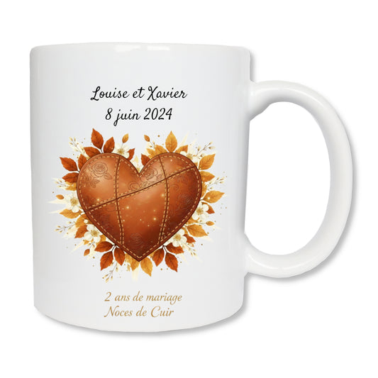 Mug personnalisé 2 ans de mariage noces de cuir avec prénoms - cadeau couple
