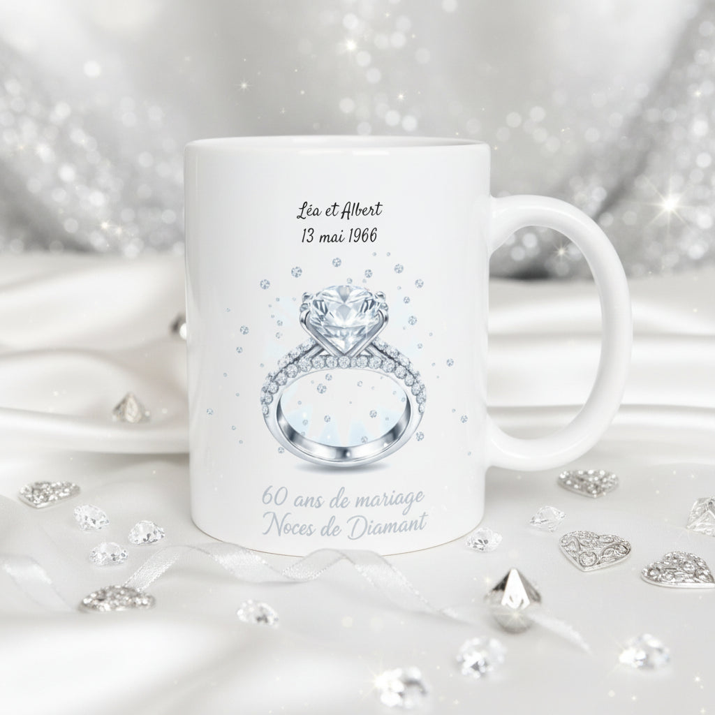 Mug personnalisé Noces de Diamant 60 ans de mariage, mug blanc avec diamant et fleurs
