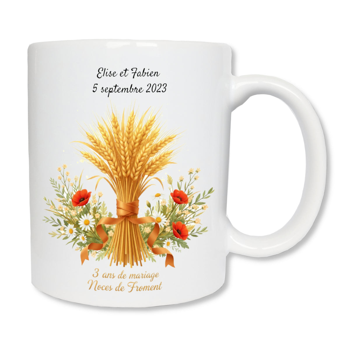 Mug personnalisé 3 ans de mariage noces de froment avec prénoms - cadeau couple
