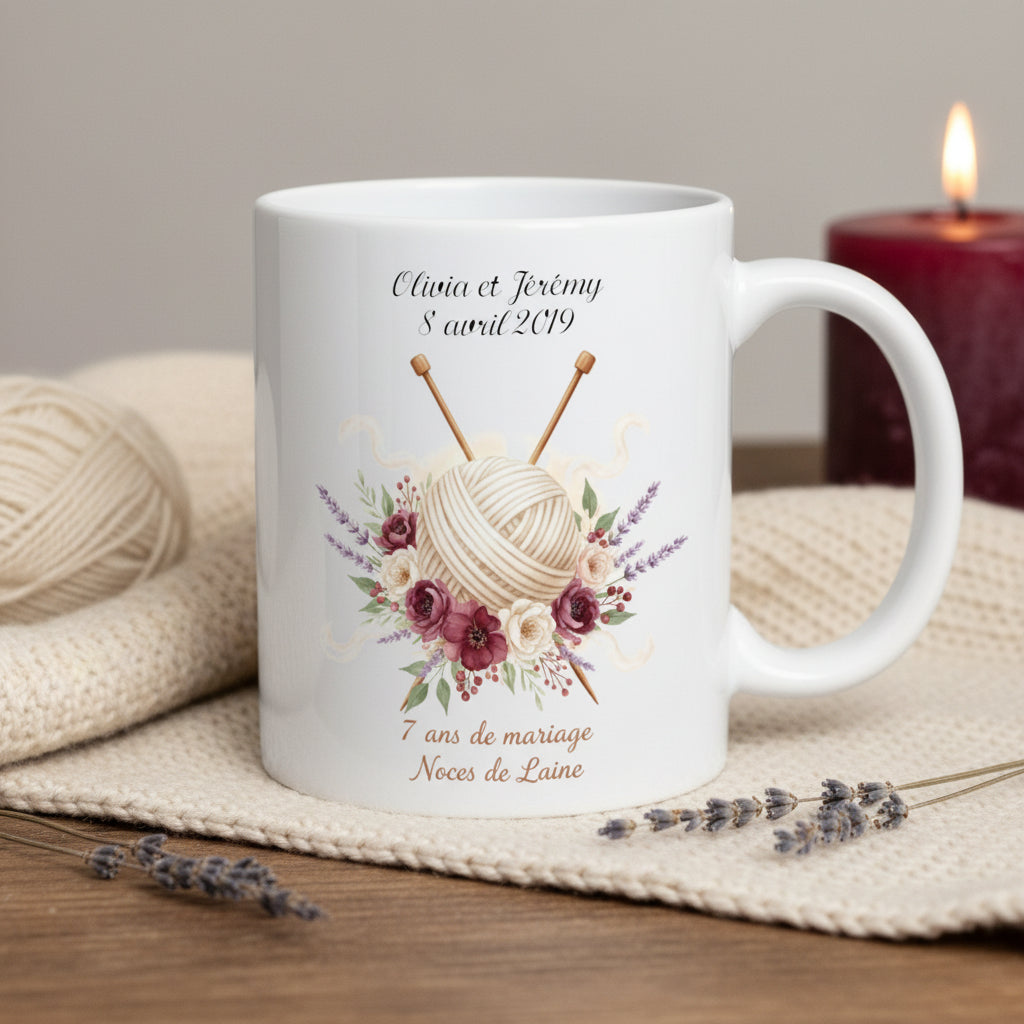 Mug noces de laine personnalisé - idée cadeau anniversaire 7 ans mariage

