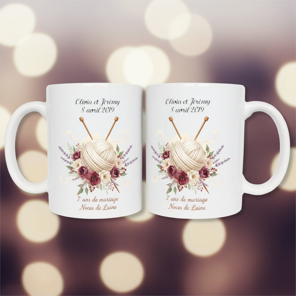 Mug noces de laine personnalisé - idée cadeau anniversaire 7 ans mariage amoureux


