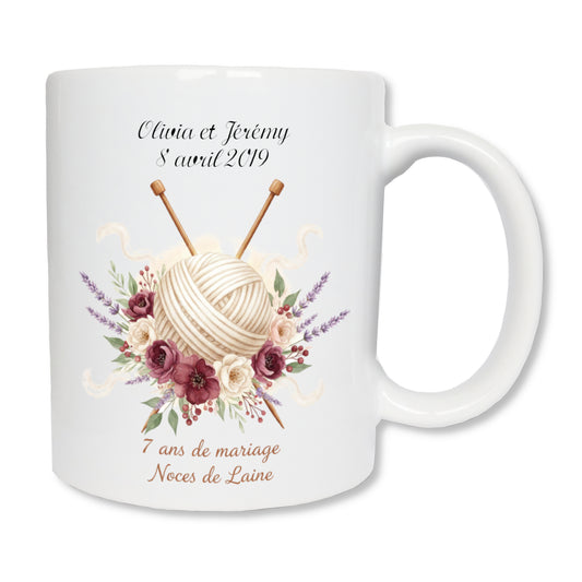 Mug personnalisé 7 ans de mariage noces de laine avec prénoms - cadeau couple
