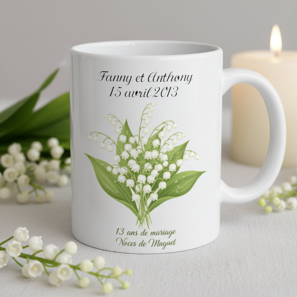Mug noces de muguet personnalisé - idée cadeau anniversaire 13 ans mariage

