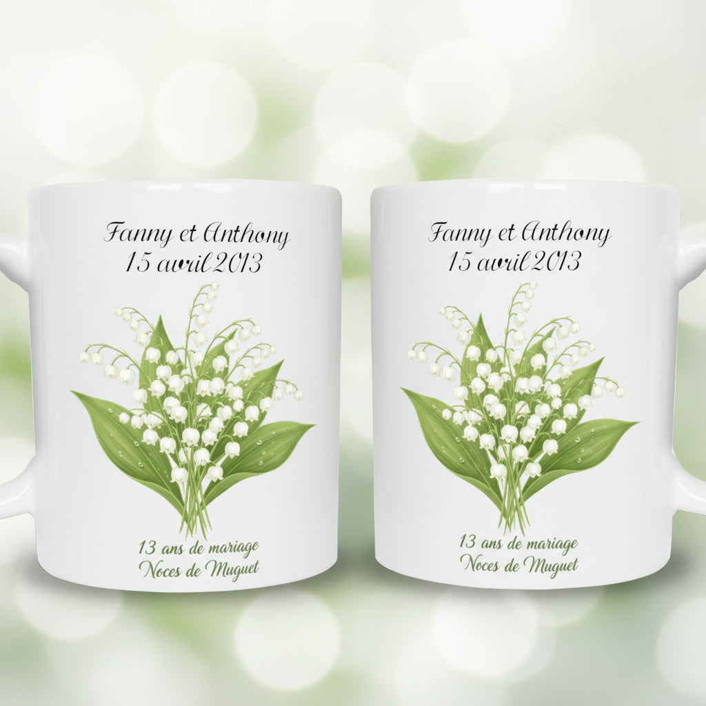 Tasse noces de muguet personnalisé - idée cadeau anniversaire 13 ans mariage

