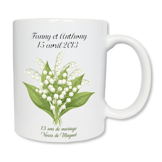 Mug personnalisé 13 ans de mariage noces de muguet avec prénoms - cadeau couple
