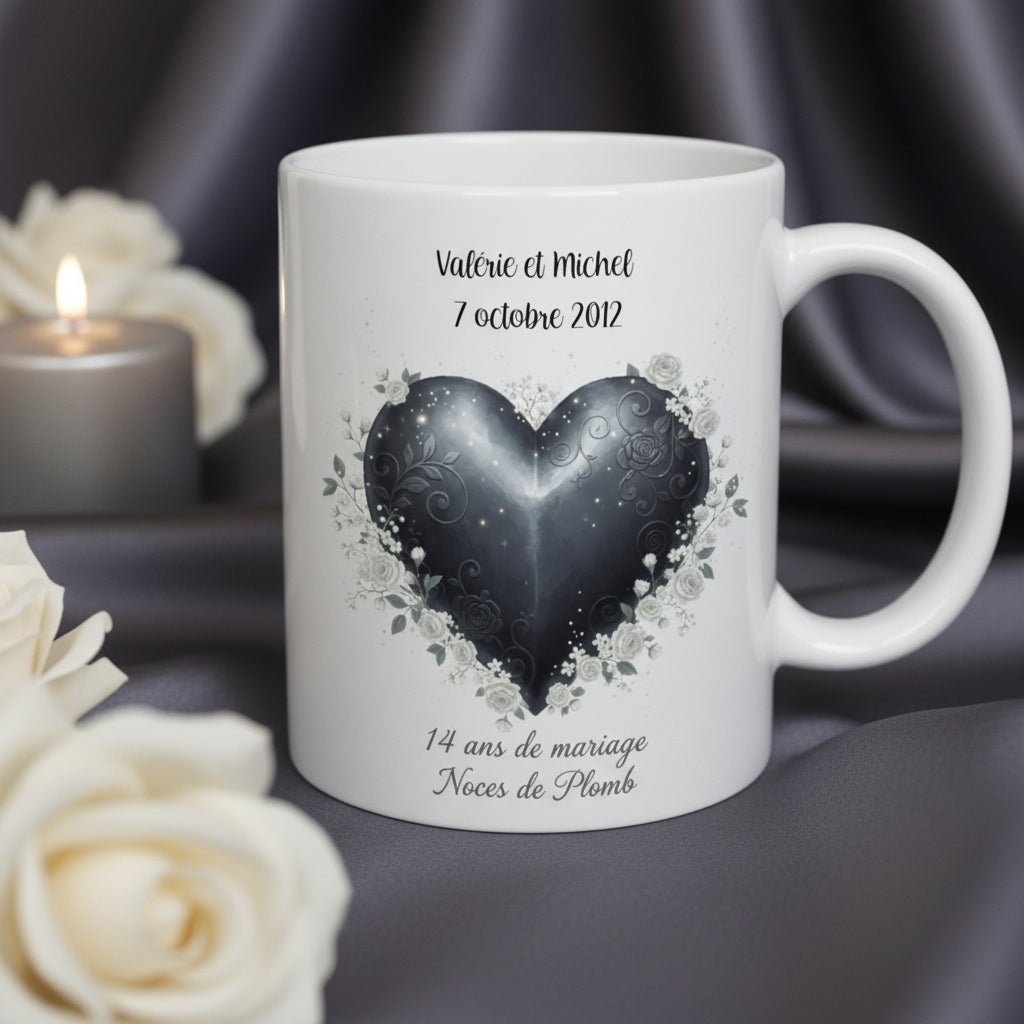 Mug noces de plomb personnalisé - idée cadeau anniversaire 14 ans mariage

