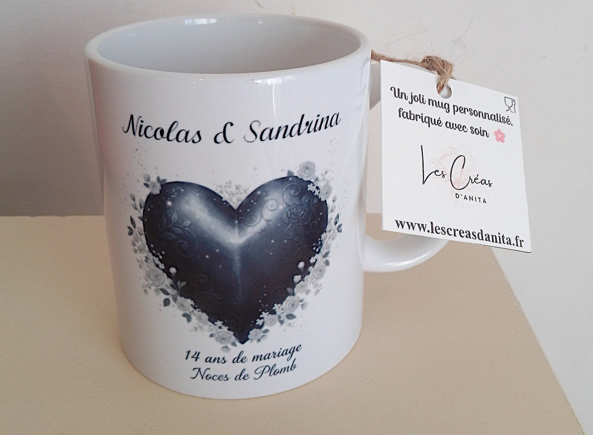 Mug noces de plomb personnalisé - idée cadeau anniversaire 14 ans mariage
