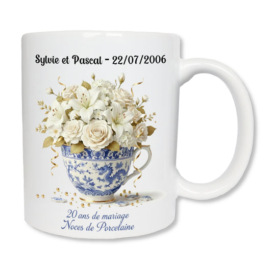Mug personnalisé 20 ans de mariage noces de porcelaine avec prénoms - cadeau couple

