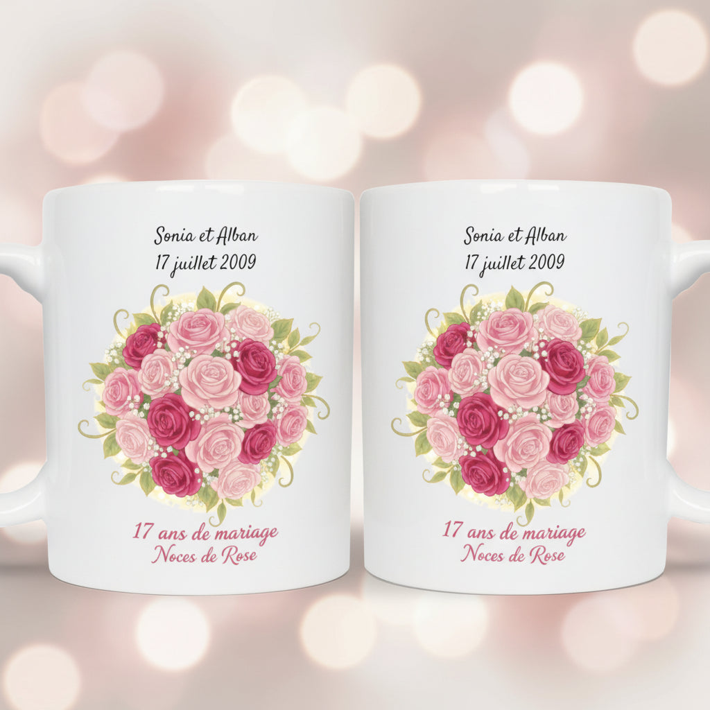 Mug personnalisé 17 ans de mariage noces de rose avec prénoms - cadeau amoureux

