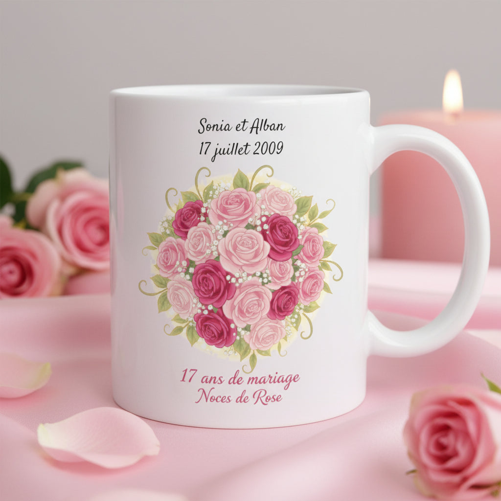 Tasse personnalisée 17 ans de mariage noces de rose avec prénoms - cadeau couple
