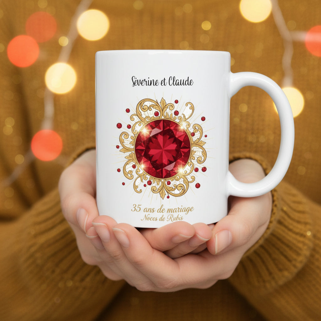 Mug personnalisé Noces de Rubis 35 ans de mariage, vue de face
