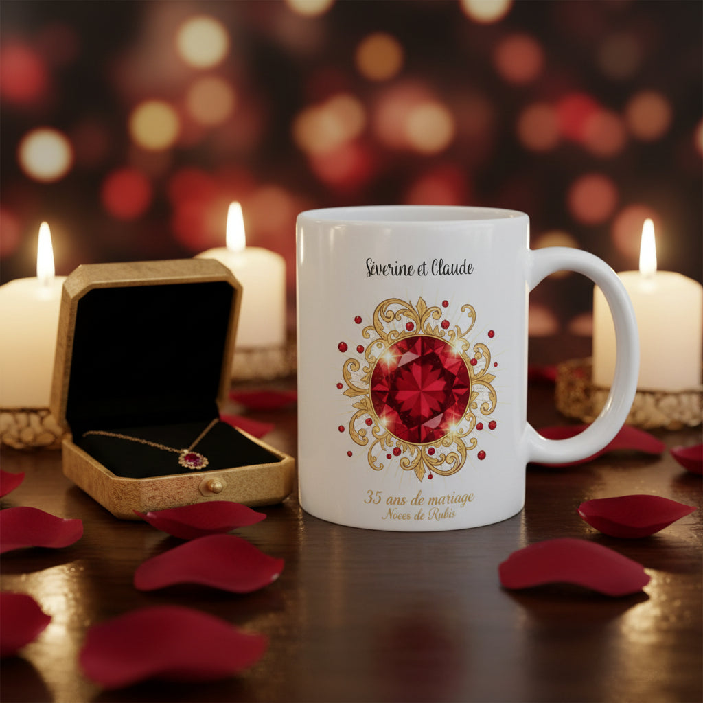 Mug personnalisé Noces de Rubis 35 ans de mariage, mug blanc avec rubis rouge
