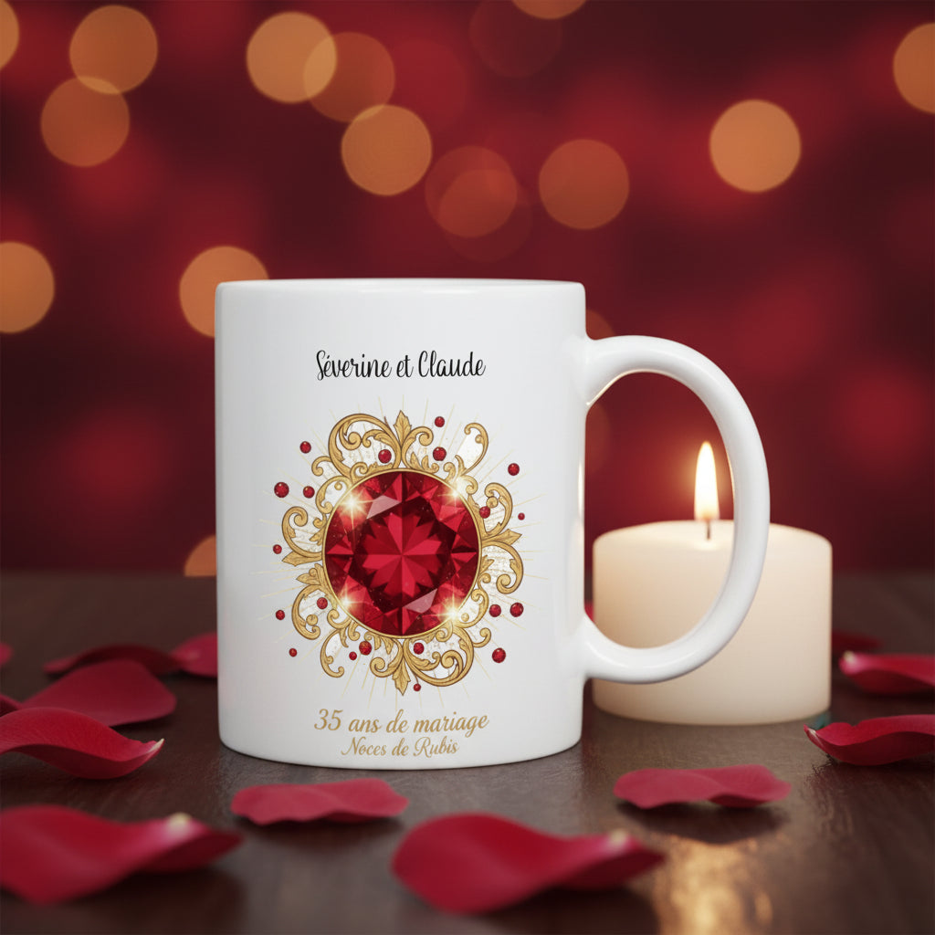 Mug personnalisé Noces de Rubis 35 ans de mariage, mise en situation lifestyle
