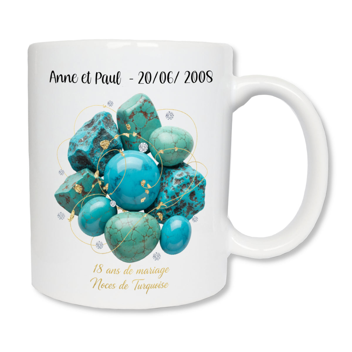 Mug personnalisé 18 ans de mariage noces de turquoise avec prénoms - cadeau couple
