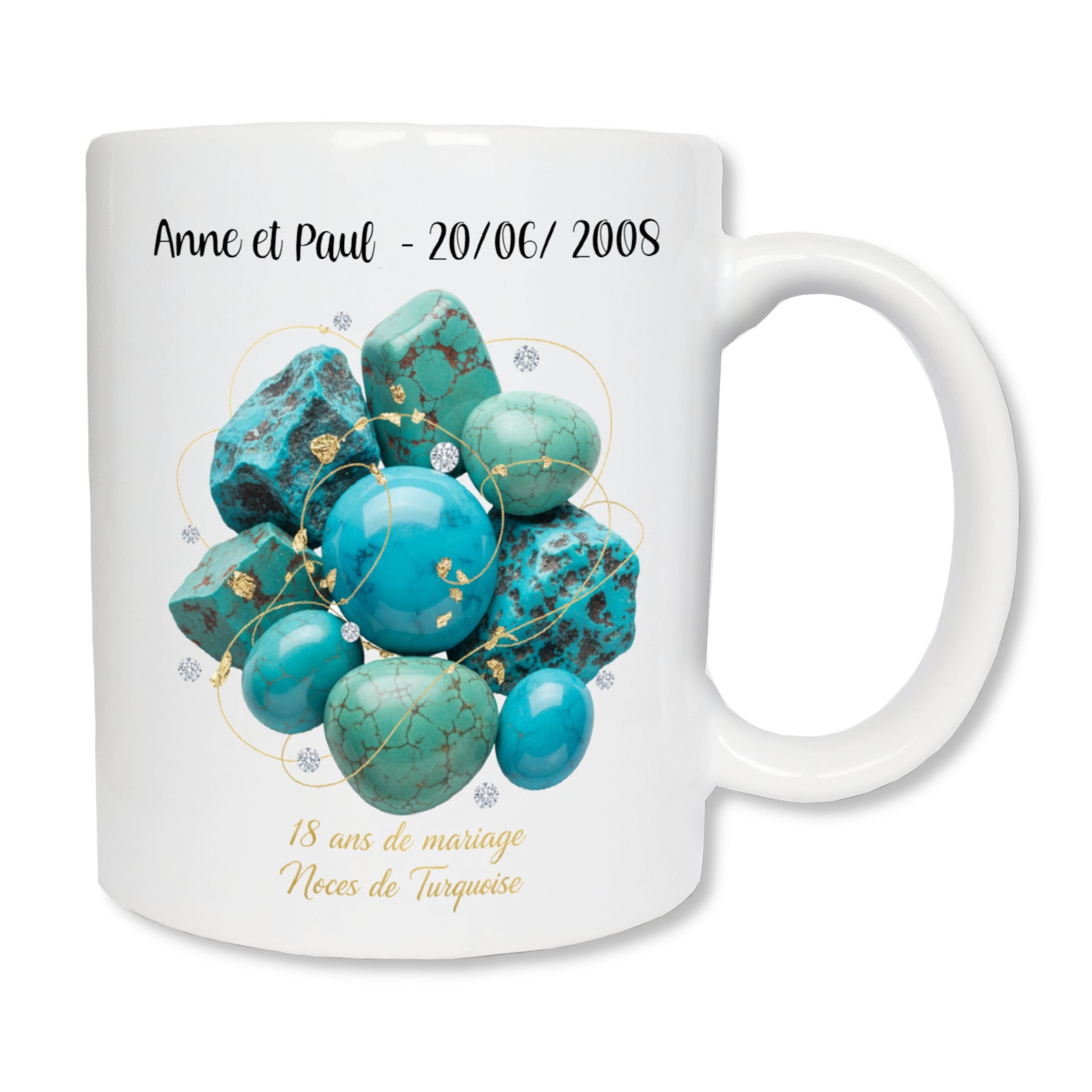 Mug personnalisé 18 ans de mariage noces de turquoise avec prénoms - cadeau couple
