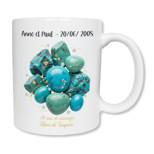 Mug personnalisé 18 ans de mariage noces de turquoise avec prénoms - cadeau couple

