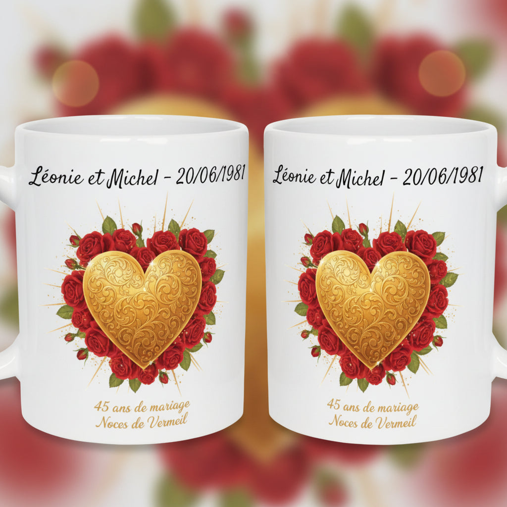 Tasse personnalisée 45 ans de mariage noces de vermeil avec prénoms - cadeau amoureux
