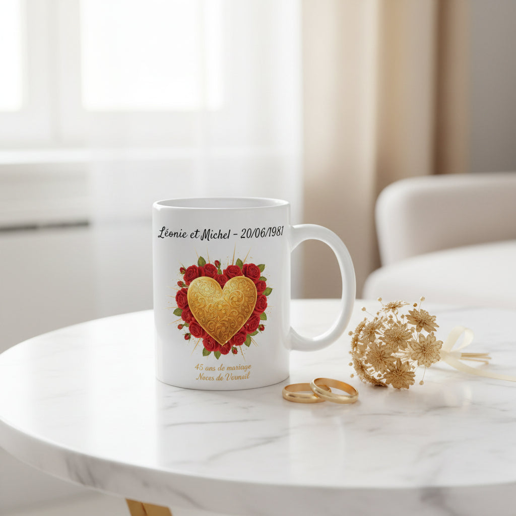 Mug personnalisé 45 ans de mariage Noces de Vermeil, posé sur une table en marbre blanc avec alliances dorées et bouquet de fleurs séchées dorées, illustration cœur doré entouré de roses rouges

