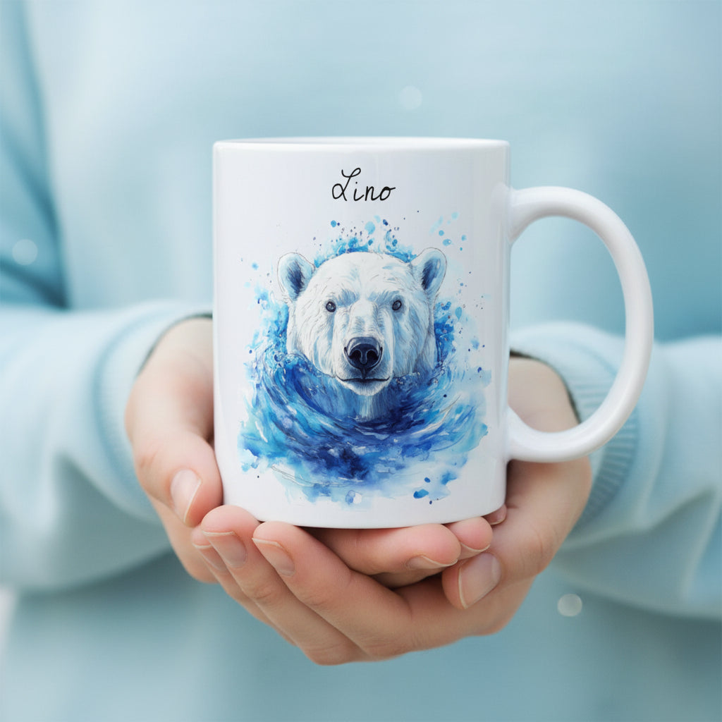mug personnalisé en céramique 325 ml avec un ours polaire et un prénom - Idée cadeau anniversaire