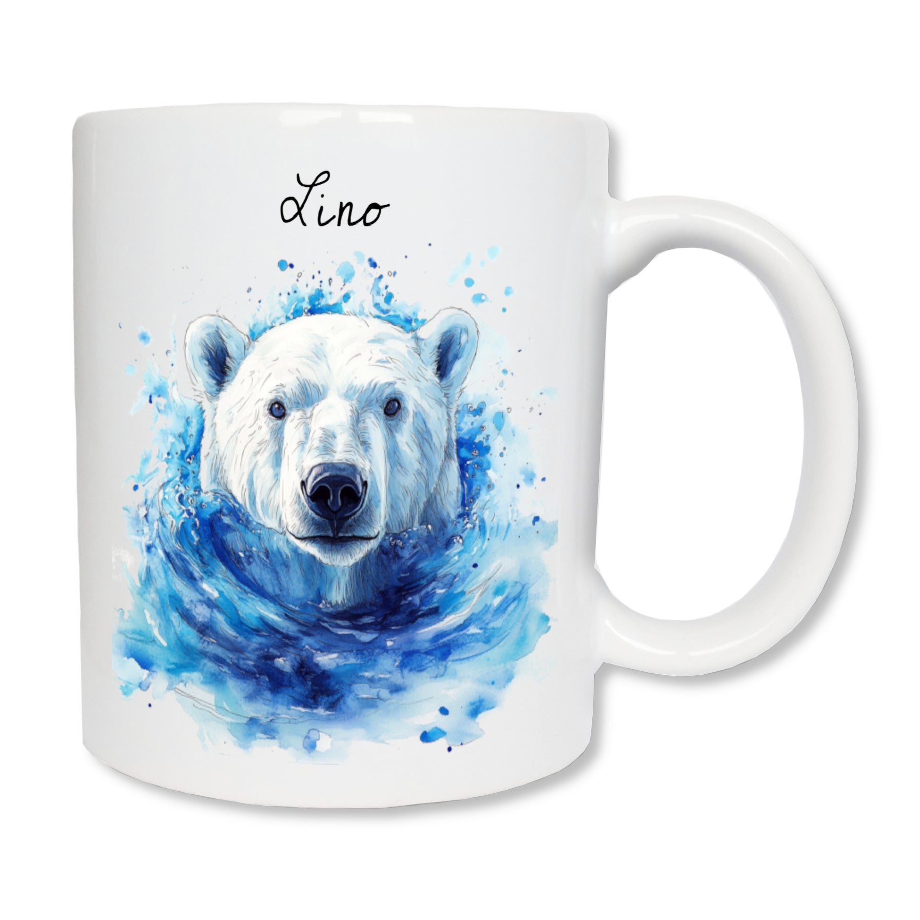 Mug blanc de 325 ml personnalisé avec un prénom et la tête d'un ours blanc / ours polaire