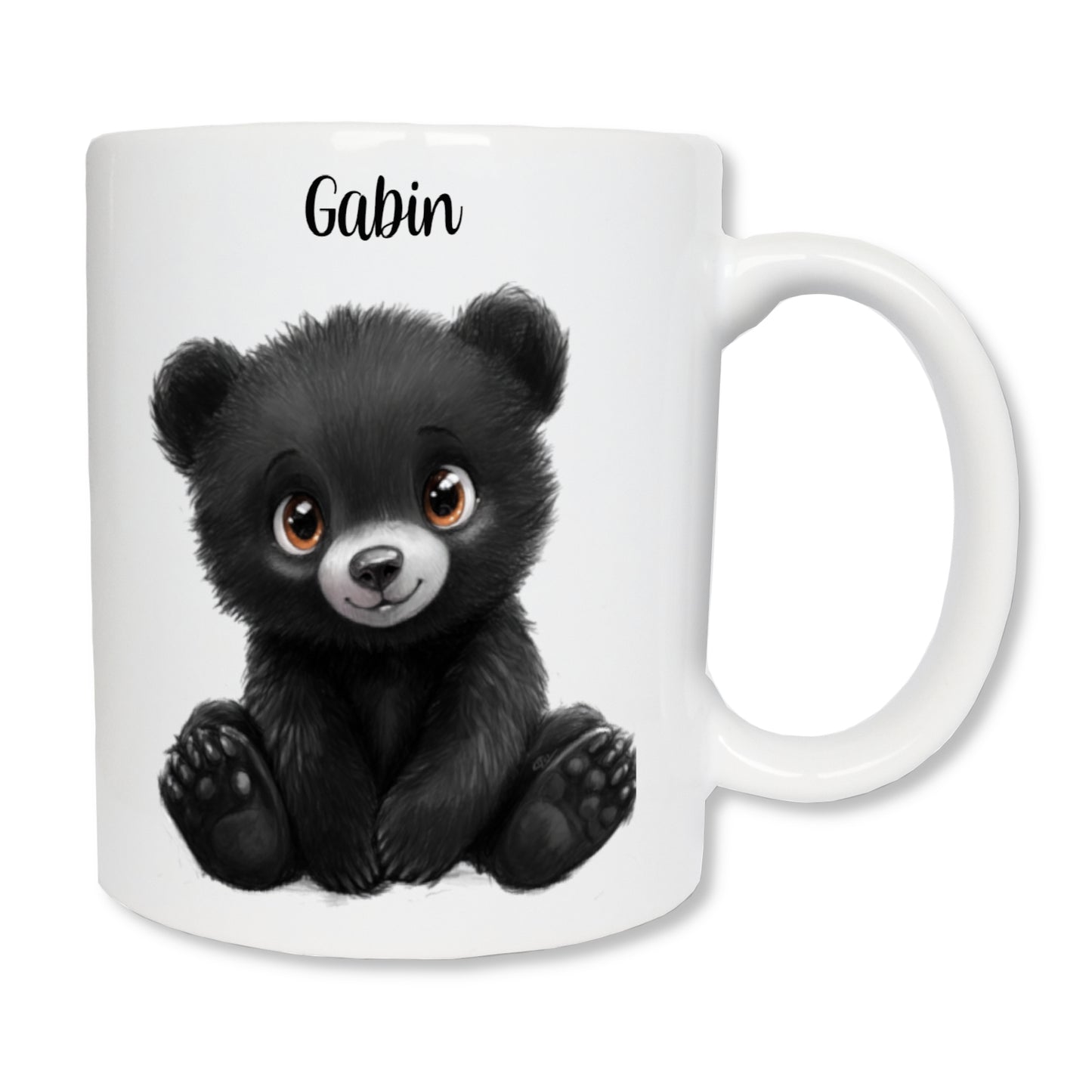 Mug blanc en céramique de 325 ml avec un dessin représentant un ourson noir assit de face et personnalisé avec un prénom