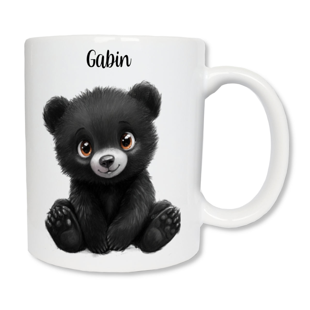 Mug blanc en céramique de 325 ml avec un dessin représentant un ourson noir assit de face et personnalisé avec un prénom