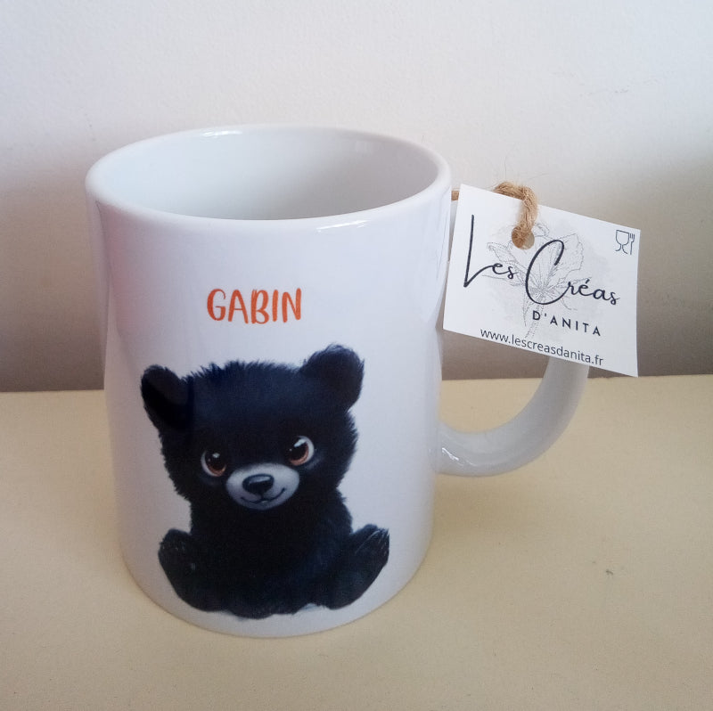 Mug blanc en céramique de 325 ml avec ourson et un prénom - Cadeau anniversaire