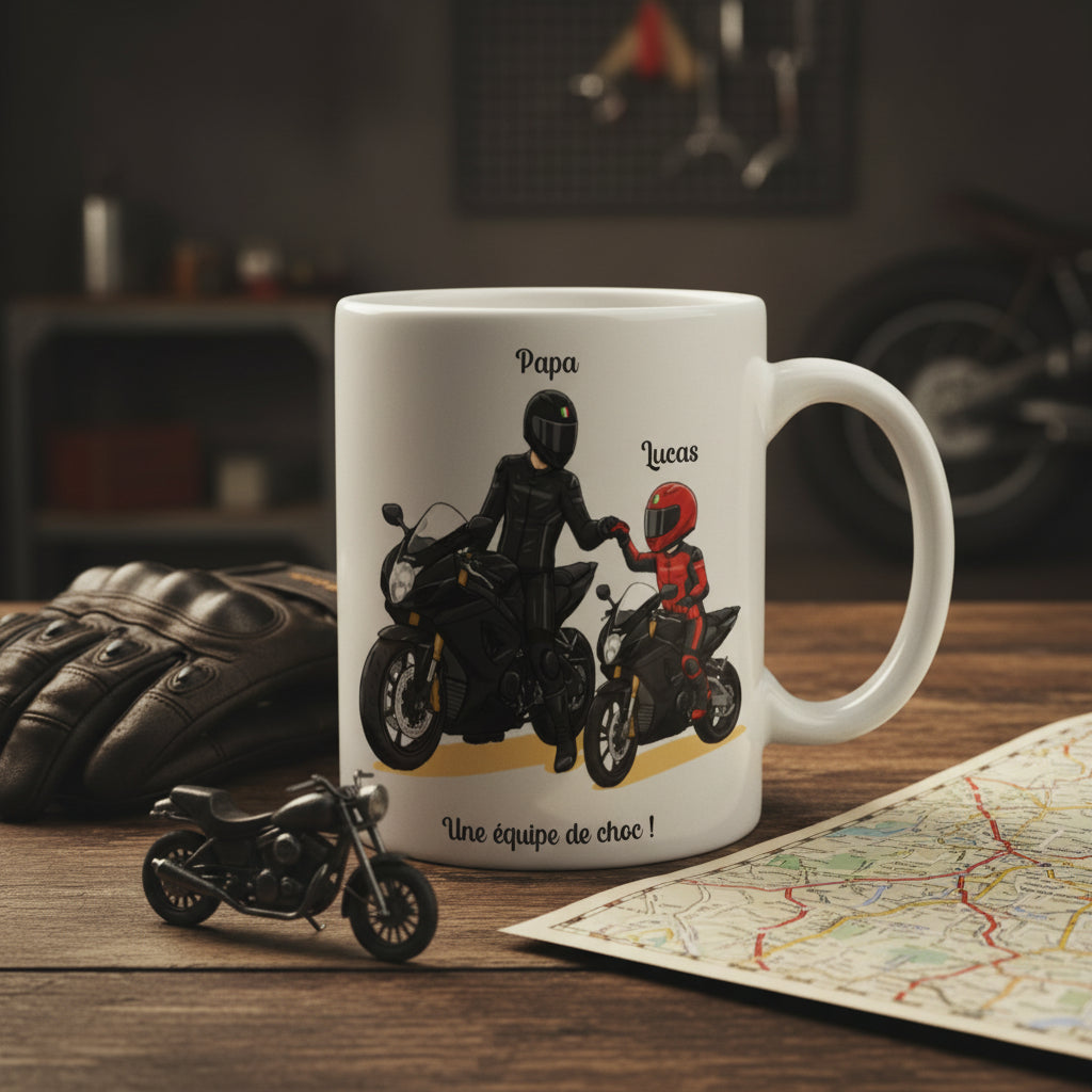 Mug personnalisé avec prénoms et texte avec motard et enfant qui font un check et sont sur leurs motos - Cadeau anniversaire ou fête des pères