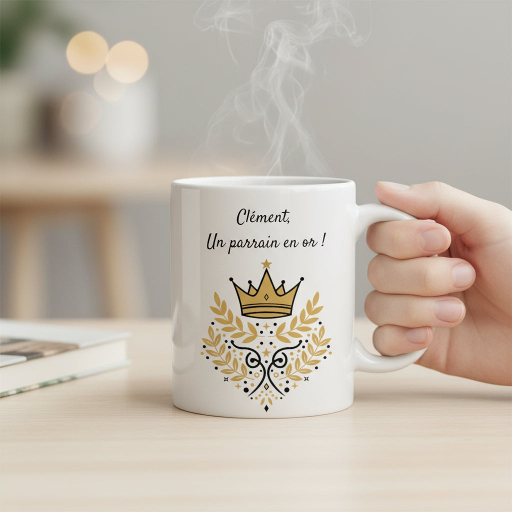 Mug personnalisé parrain couronne dorée avec prénom – cadeau parrain baptême original
