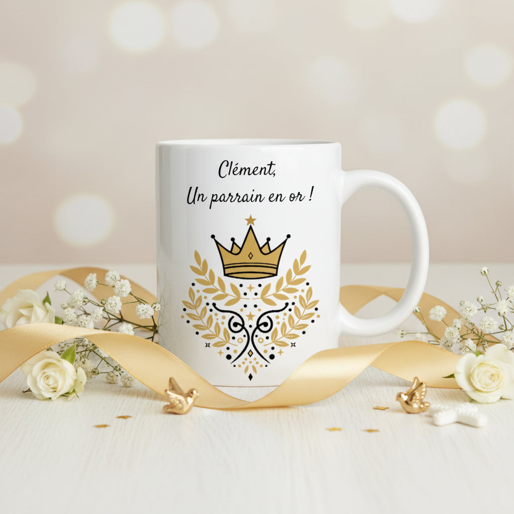 Mug parrain personnalisé avec prénom couronne – cadeau élégant parrain en or
