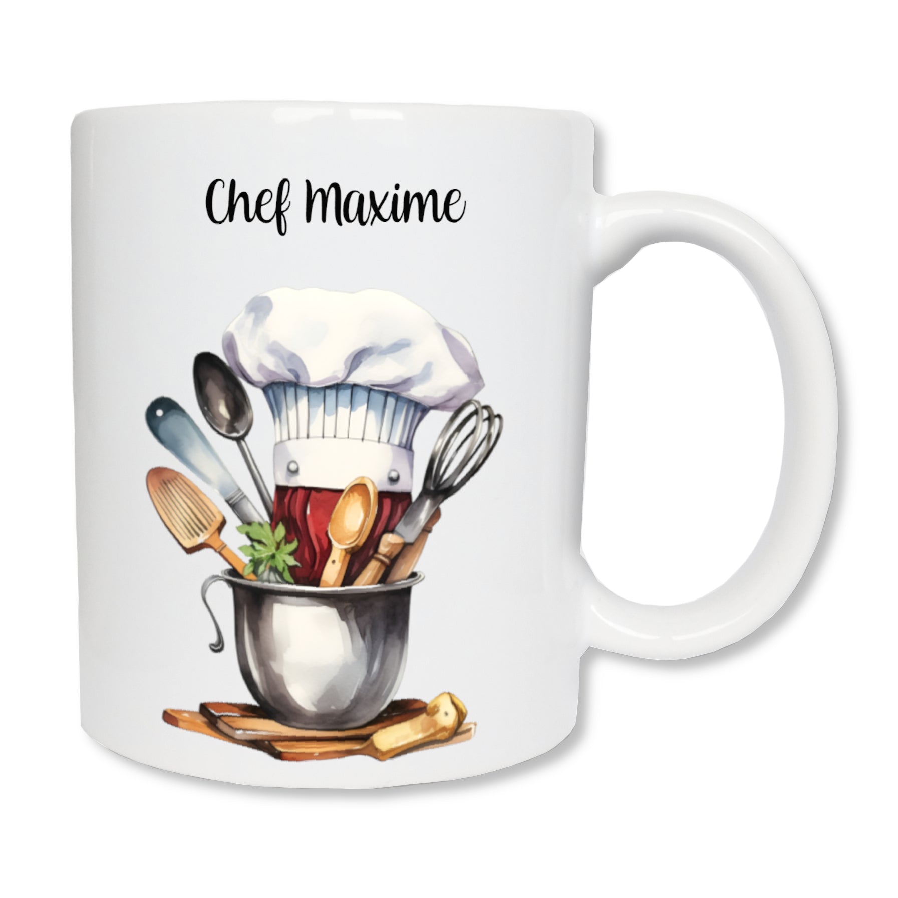 Mug personnalisé en céramique 325 ml blanc avec des ustensiles de cuisine, une toque et un texte. Cadeau chef de cuisine - Fête des pères 