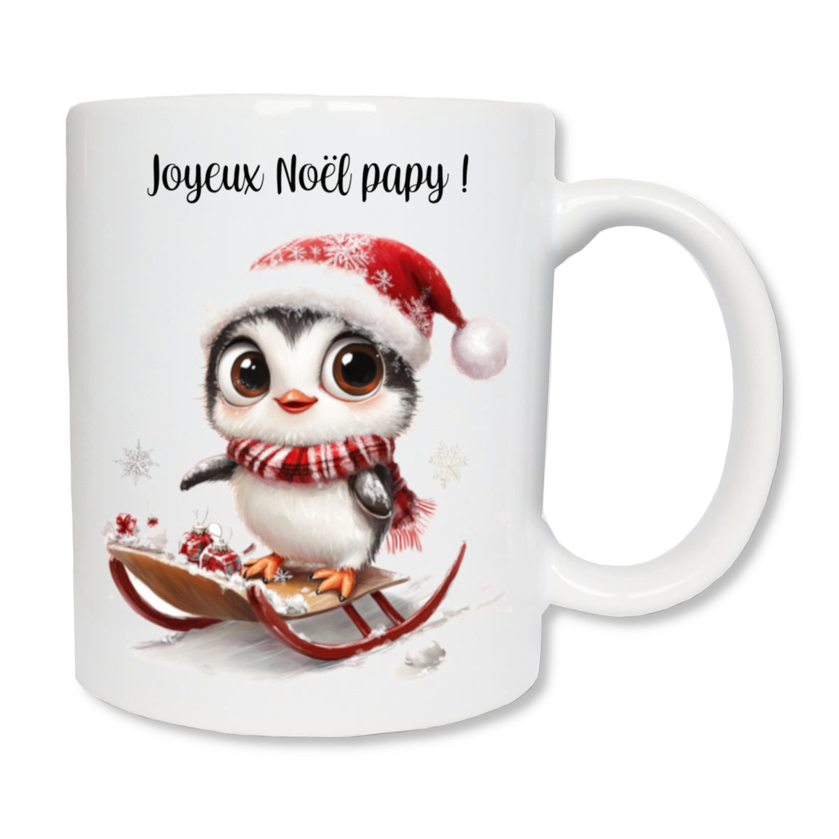 Mug blanc en céramique de 325 ml avec un dessin représentant un pingouin avec un bonnet de Noël sur une luge et personnalisé avec un message - Cadeau de Noël