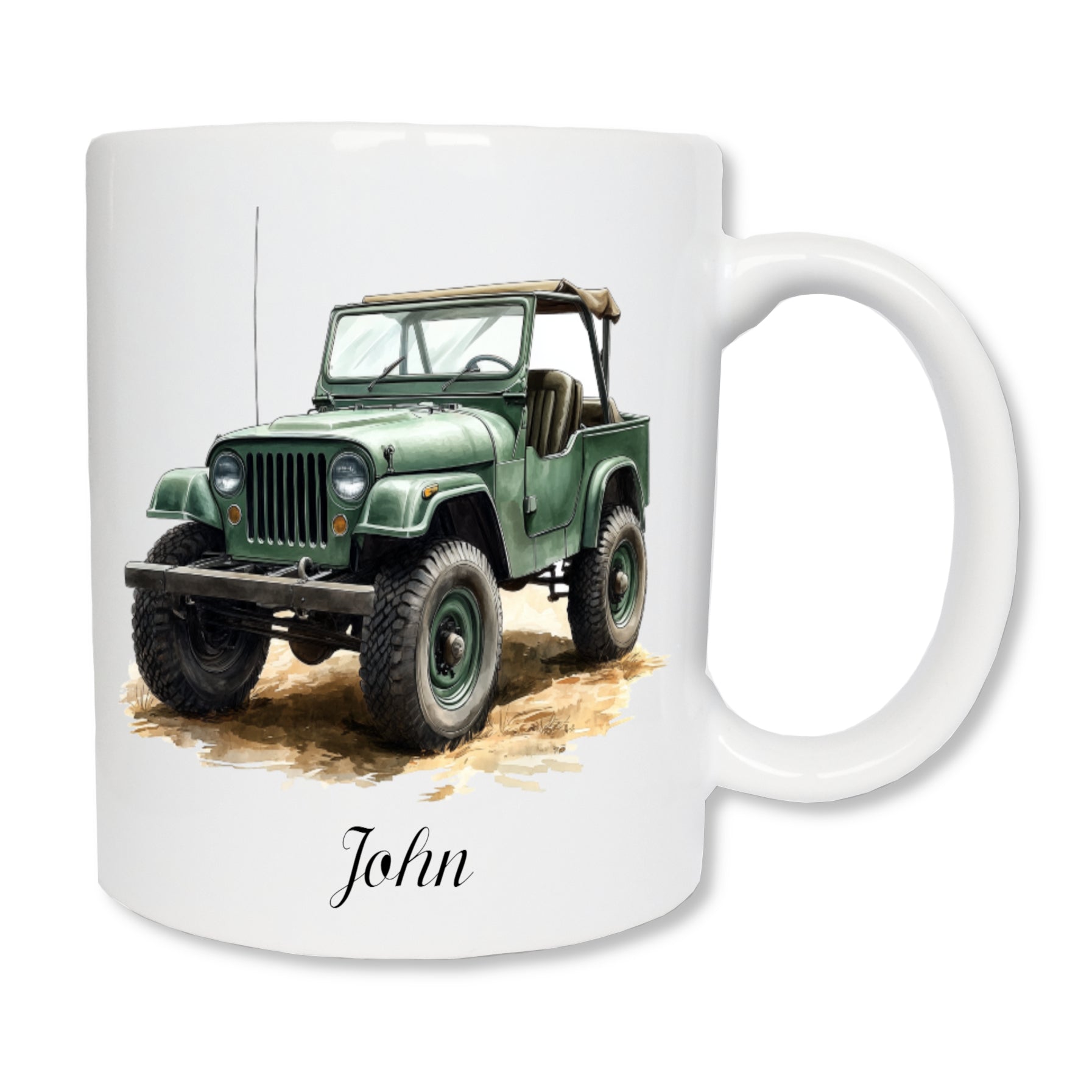Mug blanc en céramique de 325 ml avec une voiture tout-terrain militaire, et personnalisé avec un prénom.