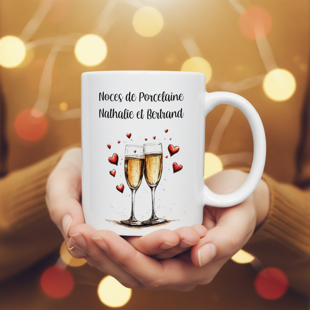 mug personnalisé tenu dans des mains de face avec prénoms et date anniversaire de mariage