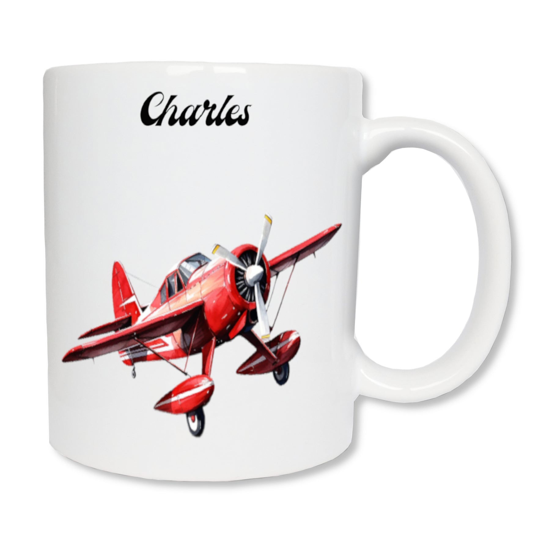 Mug personnalisé en céramique blanc  de 325 ml affichant un avion de tourisme qui vole de couleur rouge et un prénom - Cadeau fan d'avions