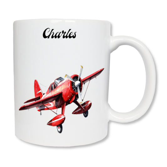 Mug personnalisé en céramique blanc  de 325 ml affichant un avion de tourisme qui vole de couleur rouge et un prénom - Cadeau fan d'avions