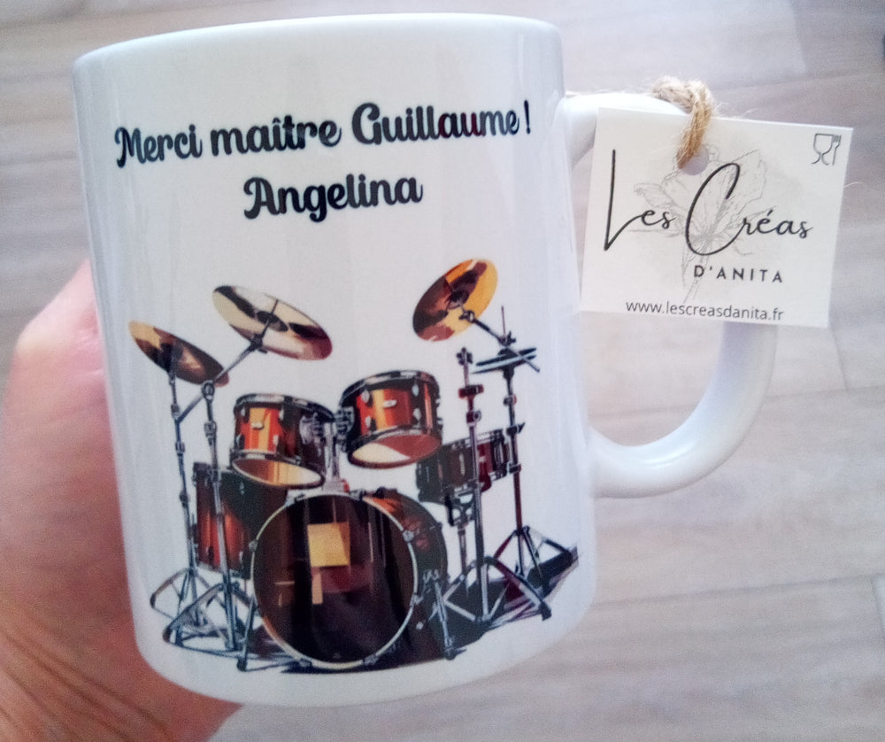 Mug personnalisé batterie avec prénom, cadeau prof de musique
