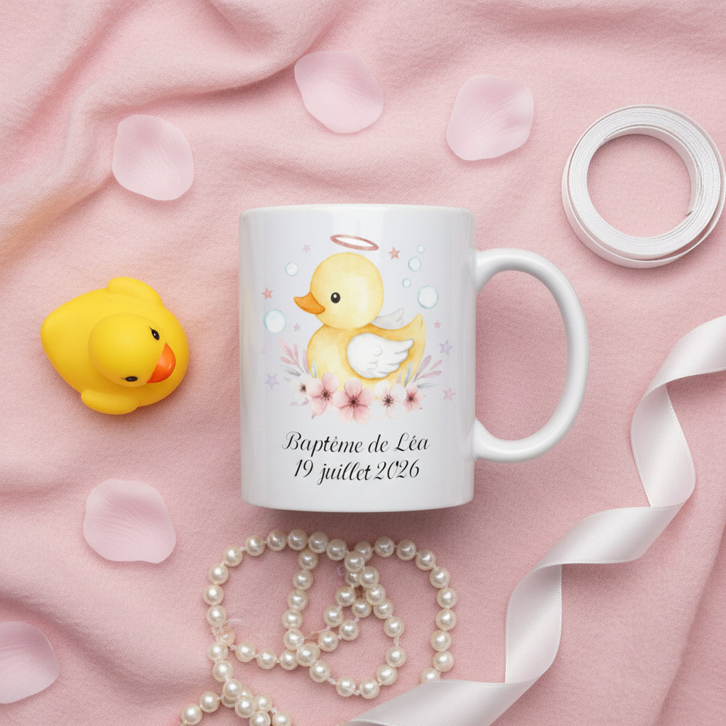 Mug canard baptême personnalisé avec prénom, idée cadeau original bébé

