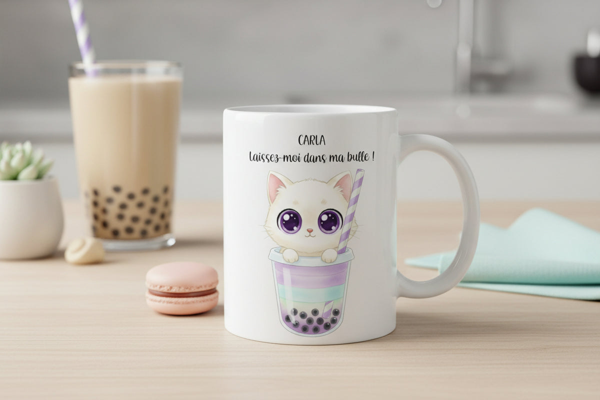 Mug personnalisé avec chaton blanc dans un bubble tea avec prénom et texte
