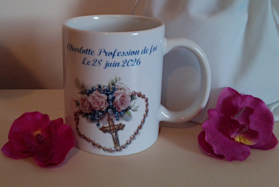 Mug céramique 325ml communion chapelet personnalisé avec prénom - cadeau original communion ou profession de foi
