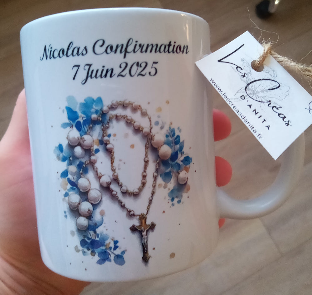 Mug blanc en céramique 325 ml avec le dessin d'un chapelet et texte - Cadeau pour première communion garçon ou fille